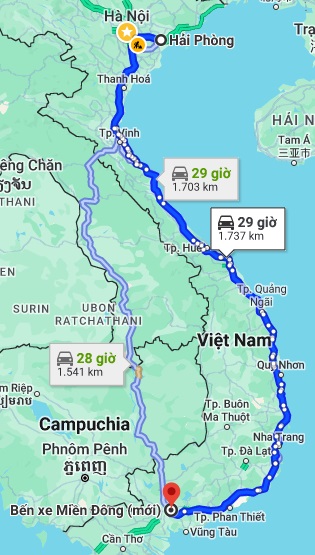 Bản đồ lộ trình di chuyển của xe khách Hải Phòng Sài Gòn đi qua các tỉnh miền Trung đến bến xe Miền Đông mới.